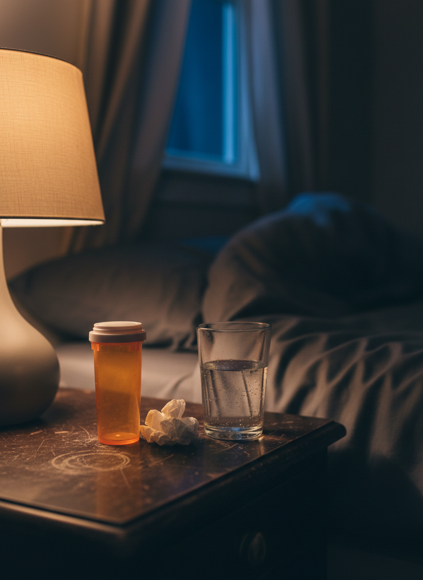A small bedside table holds an amber prescription bottle, a crumpled tissue, and a glass of water filled halfway, tiny bubbles clinging to the glass. The table surface is scratched dark wood, illuminated by the soft, warm glow of a single lamp with a beige shade. In the blurred background, a rumpled dark-gray duvet and a slightly open curtain reveal a slice of midnight-blue sky. Photographed in photographic realism from a slightly elevated angle, with a shallow depth of field isolating the objects, the mood is intimate, vulnerable, and nonjudgmental, representing mental health struggles, insomnia, and quiet nightly battles that are usually kept hidden.