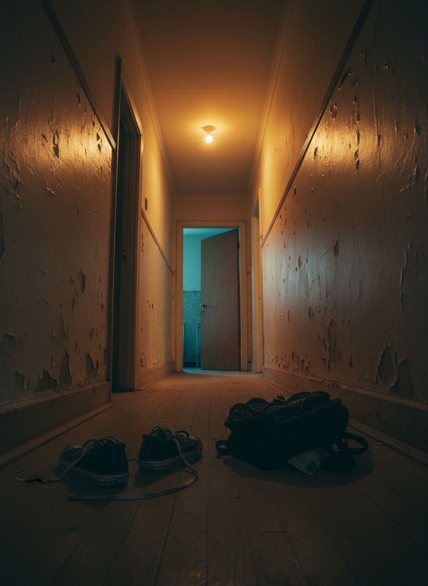 A narrow hallway in an old apartment is photographed in moody, cinematic realism: peeling off-white paint, scuffed baseboards, and a single half-open doorway at the end. Under a warm, flickering ceiling light, a pair of untied, worn black sneakers and an empty, toppled backpack lie in the foreground on dull wooden flooring. Shadows collect heavily in the corners while a faint cool light seeps from the partially open door, hinting at another room beyond. Captured from a low-angle perspective with a strong leading-line composition, the scene feels tense yet honest, reflecting family separation, addiction, and the threshold between chaos and the possibility of change, without showing any people.