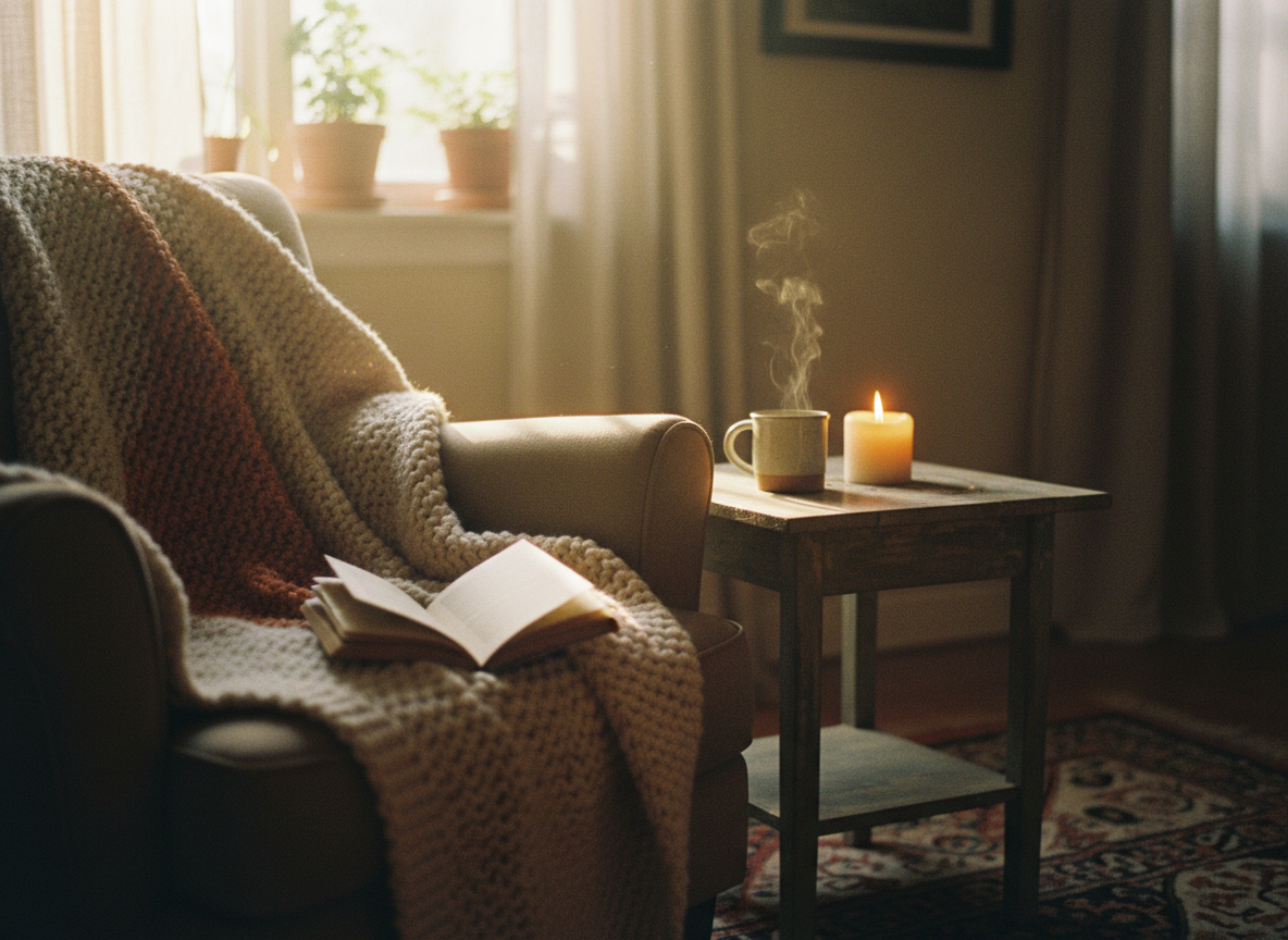 A warm, intimate photograph of soft early morning light and candlelight filling a quiet, cozy room in golden amber tones.